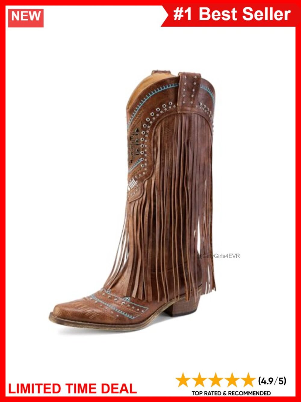 Faux Leather Fringe Cowboy Boots Pull On Mid Calf Chunky Heel Western